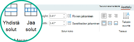 Yhdistä solut- ja Jaa solut -komennot ovat PowerPointin Asettelu-välilehdessä.