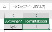 Solussa D2 on kaava =JOS(C2="Kyllä";1;2)