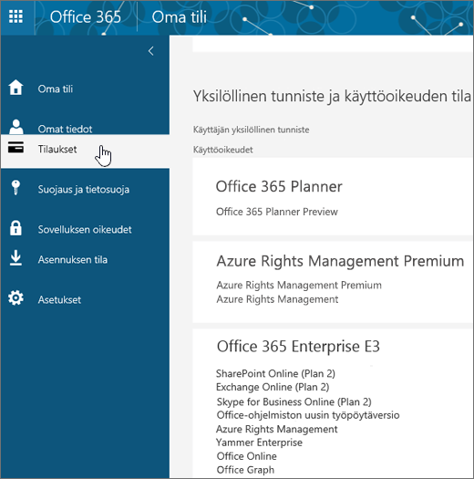 Office 365 -tilaukset -sivu