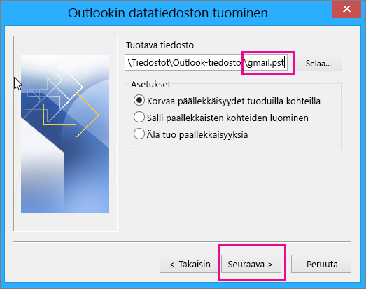 Valitse luomasi .pst-tiedosto, jotta voit tuoda sen.