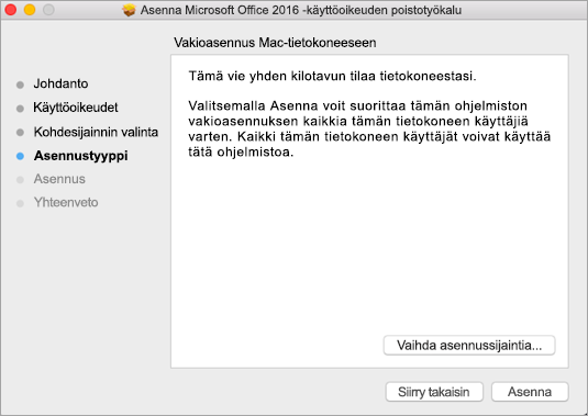 Valitse työkalussa Asenna, niin pääset poistamaan käyttöoikeuksia.