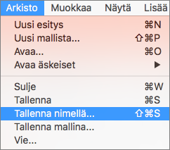 Näyttää Tiedosto > Tallenna nimellä -valikon PowerPoint 2016 for Macissa.