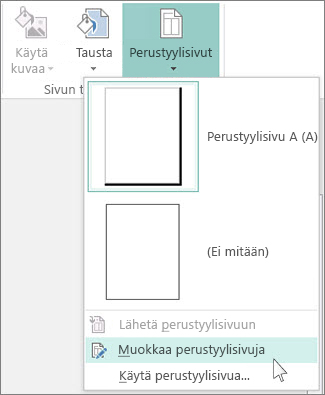 Näyttökuva Publisherin avattavasta Muokkaa perustyylisivuja -luettelosta