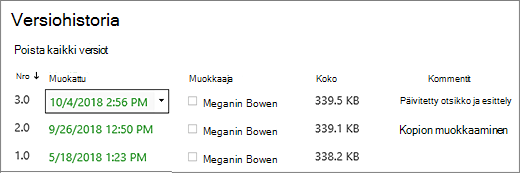 Versiohistoria-valintaikkuna, jossa kolme versiota.