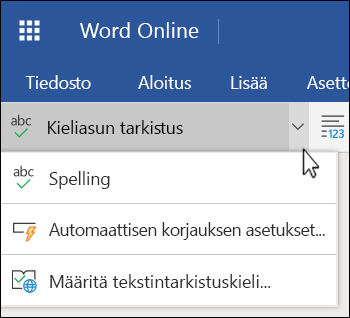 Oikeinkirjoituksen ja kieliopin asetusten luettelo laajennettuna Word Onlinessa