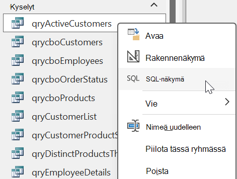Hiiren kakkospainikkeella näytettävät valikkovaihtoehdot Access-tietokannan kyselyobjektista, jossa ON VALITTUNA SQL-näkymä
