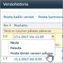 Versiotietojen avattava valikko, jossa Poista julkaisu on korostettuna