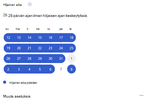 Näyttökuva, jossa näkyy Hiljainen aika -kortti Hyvinvointi-välilehden Seuraa edistymistäsi -kohdassa