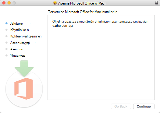 Ensimmäinen Mac 2016 -asennusnäyttö, jossa näkyy korostettuna Jatka