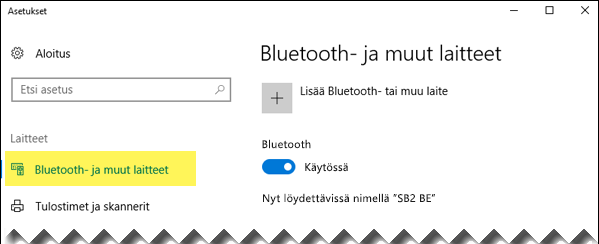 Varmista, että Bluetooth ja muut laitteet -vaihtoehto on valittuna vasemmalla puolella