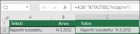 Esimerkki tekstin yhdistämisestä TEKSTI-funktion avulla