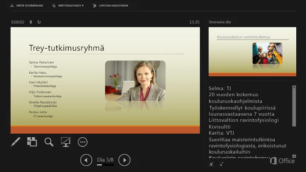 PowerPoint 2016:n Esittäjänäkymä, jossa Esittäjän muistiinpanojen ympärillä on ympyrä