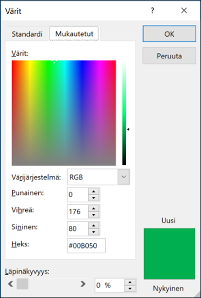 Värivalitsin Office-sovelluksissa. RGB-kenttien alla on uusi kenttä heksaväriarvon syöttämistä varten.