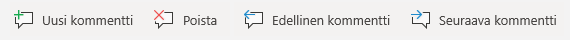 Windows Mobilen kommenttipainikkeet: Luo uusi kommentti, Poista nykyinen kommentti, Siirry edelliseen kommenttiin ja Siirry seuraavaan kommenttiin