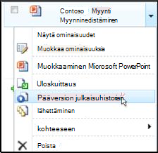 Tiedoston avattava luetteloruutu SharePoint kirjastossa. Julkaise pääversio näkyy korostettuna.