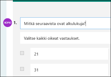 Osallistujien nimikirjaimet koekysymyksen vieressä