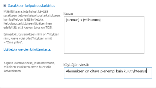 Sarakkeen kelpoisuustarkistus -valintaikkuna, jossa kenttiin on täytetty mallitietoja