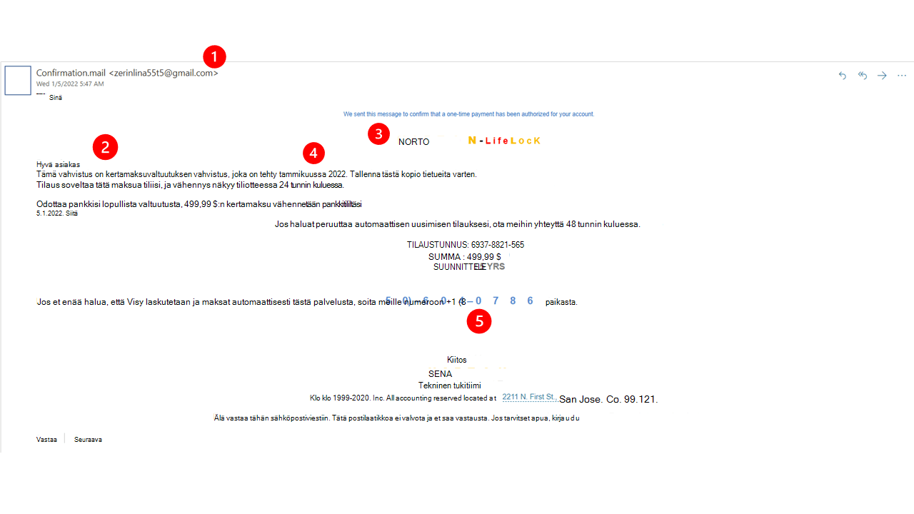 Esimerkki huijaussähköpostista, joka teeskentelee olevansa Nortonilta.