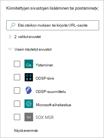 kiinnitettyjen sivustojen lisääminen tai poistaminen