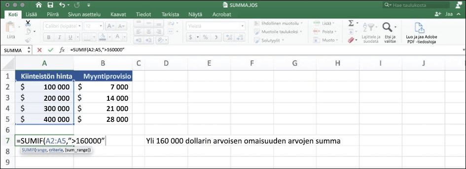 Näyttökuva Excelin tiedoista, joissa käytetään SUMMA.JOS-funktiota