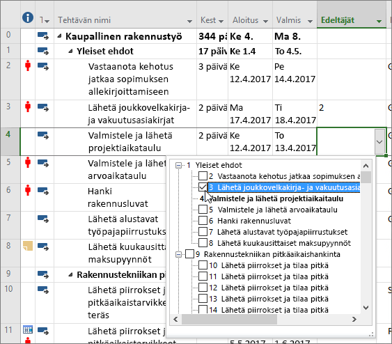 Näyttökuva edeltäjä-sarakkeen avattavasta valikosta Projectissa