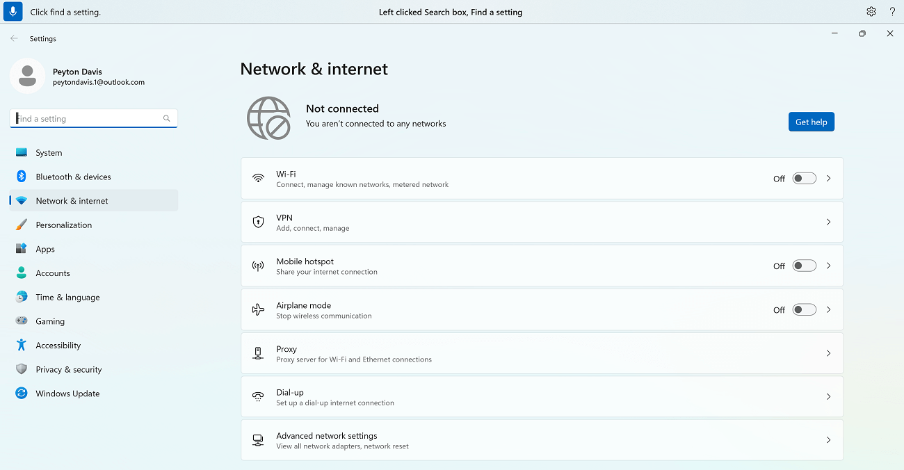 Äänikäyttökomento "Napsauta etsi asetus", jota käytetään Windowsin verkko- & Internet-asetuksissa.