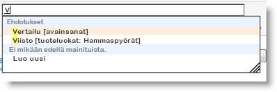 Kun alat kirjoittaa avainsanaa, ohjelma ehdottaa käytettävissä olevia termejä ja aiemmin luotuja avainsanoja.