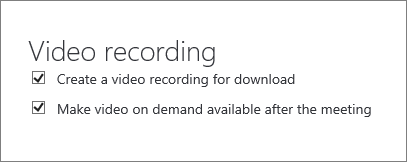 Näyttökuva Ota käyttöön kokouksen tallennus -valintaruudusta Kokouksen tiedot -sivulla. Tämä vaihtoehto on valittuna oletusarvoisesti.