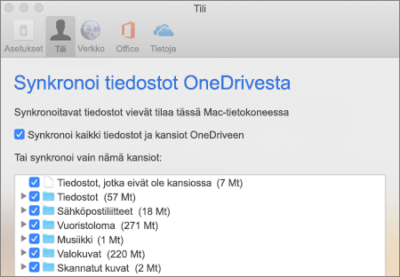 Kansioiden synkronointi -valintaikkuna Macin OneDrive-sovelluksessa