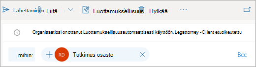 Näyttökuva vihjeestä, joka koskee automaattisesti käytettyä luottamuksellisuustarraa