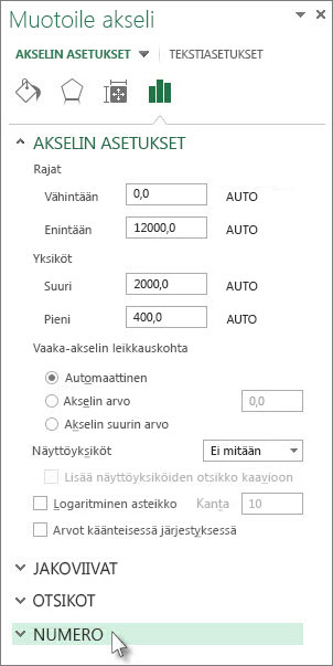 Luku-asetukset Akselin muotoileminen -ruudussa