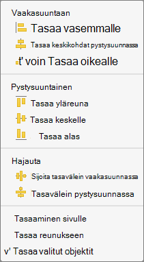 Jos haluat tasata objektit suhteessa toisiinsa, valitse Tasaa valitut objektit.