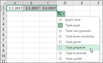 Peräkkäisten päivämäärien luettelon luominen täyttökahvan avulla