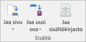 Luokan muistikirja -välilehden kuvakkeet, kuten Jaa sivu, Jaa uusi osa ja Jaa sisältökirjasto.