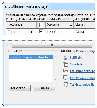 Yhdistämisen vastaanottajat -luettelon asetukset