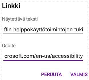 Hyperlinkki-valintaikkunan lisääminen OneNote for Androidissa