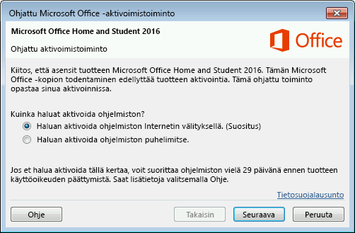 Näyttää Microsoft Officen ohjatun aktivointitoiminnon