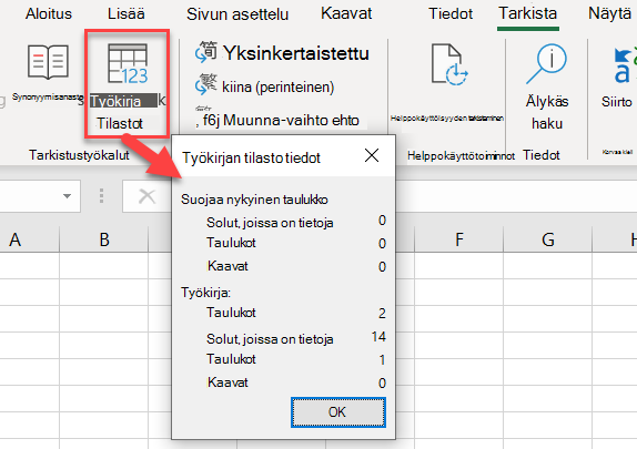 Työkirjan tilasto tiedot-valinta ikkuna