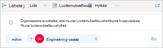 Näyttökuva suositellun luottamuksellisuusmerkintää koskevasta vihjeestä