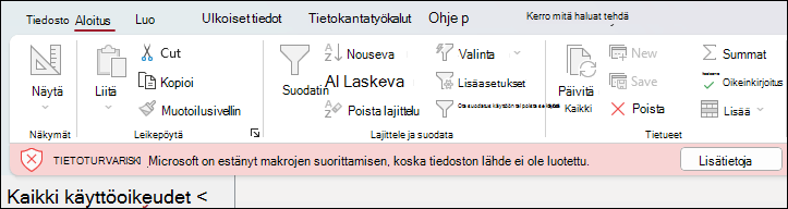 Access-tietokannan valintanauhan alla näkyvä suojausriskiviesti, jossa on Lisätietoja-painike