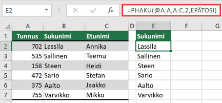 Käytä @-operaattoria ja kopioi alaspäin: =VLOOKUP(@A:A,A:C,2,FALSE). Tämä viittaustyyli toimii taulukoissa, mutta ei palauta dynaamista matriisia.