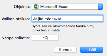 Esimerkki Office 2016 for Macin mukautetuista näppäinoikoteistä