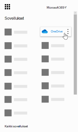 Office 365:n sovellusten käynnistys ja OneDrive-sovellus korostettuina