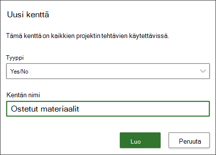 Näyttökuva Project of New -kentän valintaikkunasta, jossa kentän nimi on täytetty