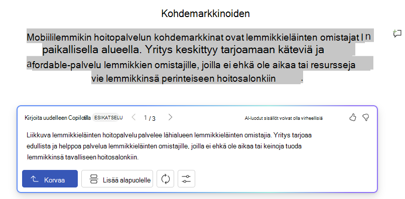 Näyttökuva Copilotista Wordissa, jossa näkyy tekstiehdotusten ja vaihtoehtojen uudelleenkirjoitus