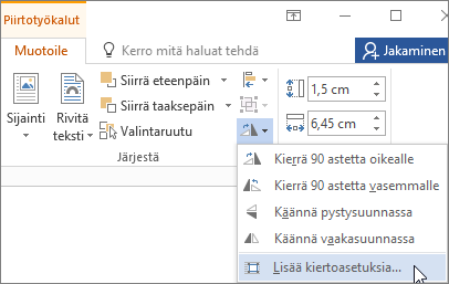 Kierrä-valikon Lisää kiertoasetuksia -vaihtoehto