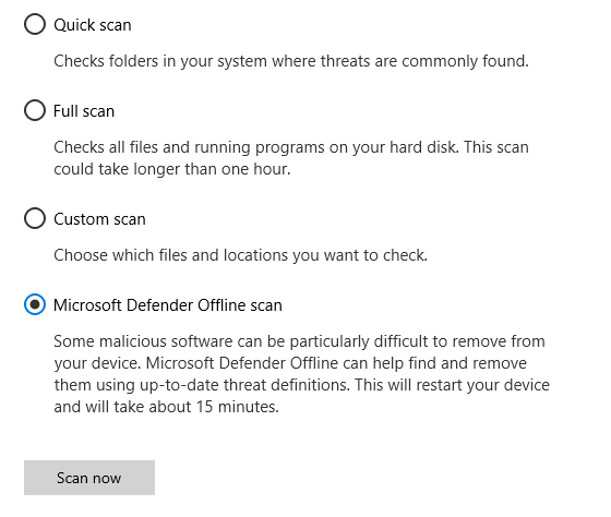 Skannausasetukset-valintaikkuna, jossa näkyy Microsoft Defender Offline skannaus valittuna.