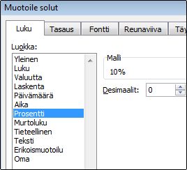 Muotoile solut -valintaikkunan Prosentti-luokka