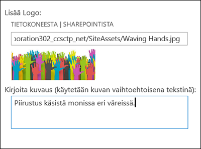 SharePoint Onlinen uuden sivuston otsikko ja logo -valintaikkuna, josta näkyy, miten logokuvalle voi luoda vaihtoehtoisen tekstin