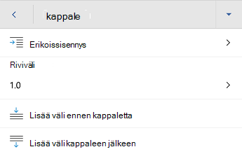 Word for Androidin kappalemuotoiluvalikko.
